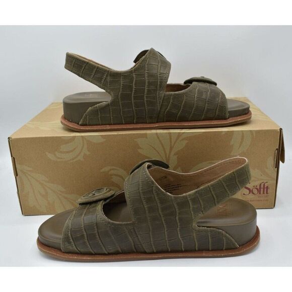 Sofft Womens Size 9 Adalia Olive Buckle Croc Embossed Suede Leather Sandals - Picture 4 of 13